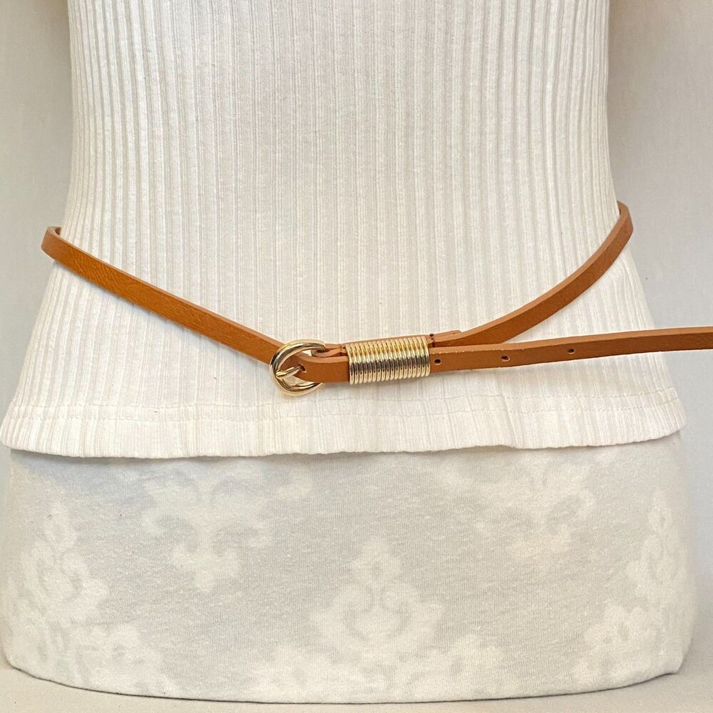 💎Tan Ultra Skinny Barely There Synthetic Leather Belt Size M L Boho
